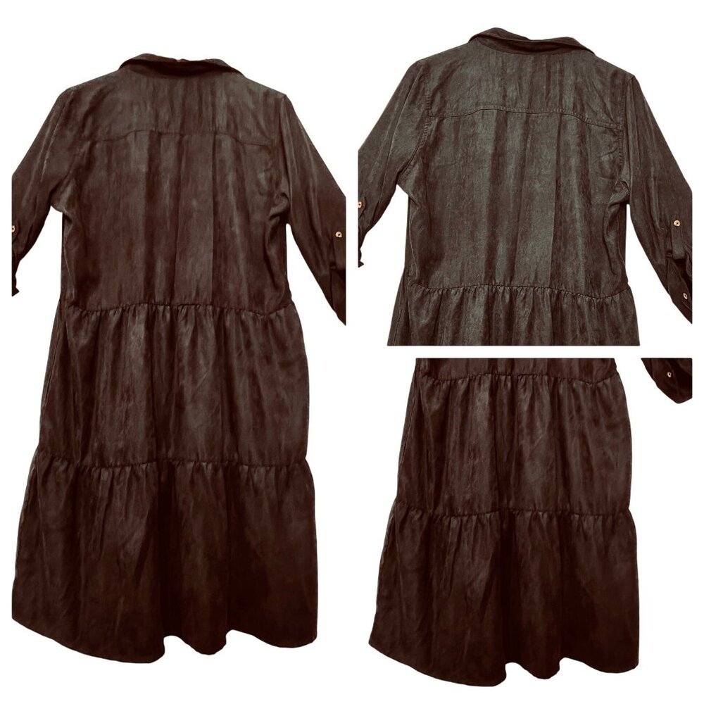 XL Black Midi Button-Up Dress Rolled Sleeves Pockets Millennium Casual Boho - Picture 5 of 16